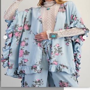 E330–(🚨PRE ORDER) FLORAL PRINTED CHAMBRAY OPEN CARDIGAN / KIMONO
